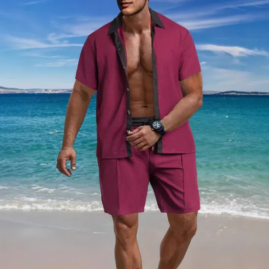 Outlet OUKU Men's T-shirt Suits 2 Pieces Outfits Tee & Shorts Short Sleeve Lapel Summer Color Block Fashion Casual 2 Piece Vacation Daily Wear Going out Black White Wine Top Tee for Men