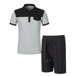 Online OUKU Men's T-shirt Suits 2 Pieces Outfits Tee & Shorts Short Sleeve Lapel Summer Color Block Fashion Casual Patchwork Pocket 2 Piece Vacation Daily Wear Going out Wine Dark Green khaki Top Tee for Men