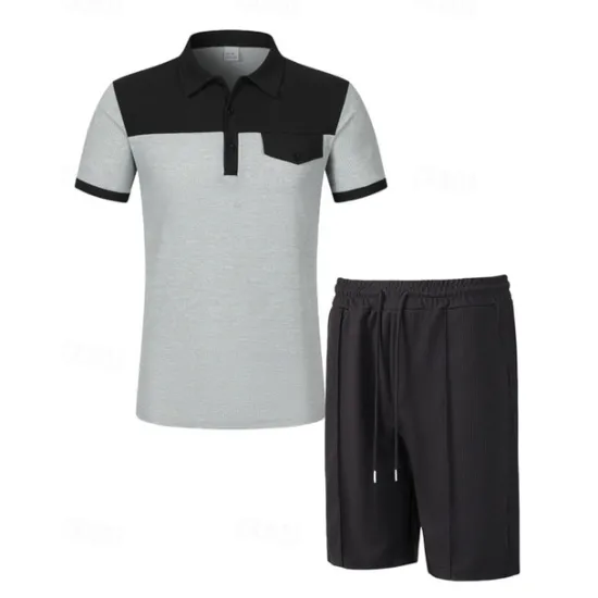 Online OUKU Men's T-shirt Suits 2 Pieces Outfits Tee & Shorts Short Sleeve Lapel Summer Color Block Fashion Casual Patchwork Pocket 2 Piece Vacation Daily Wear Going out Wine Dark Green khaki Top Tee for Men