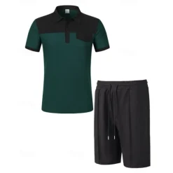 Online OUKU Men's T-shirt Suits 2 Pieces Outfits Tee & Shorts Short Sleeve Lapel Summer Color Block Fashion Casual Patchwork Pocket 2 Piece Vacation Daily Wear Going out Wine Dark Green khaki Top Tee for Men