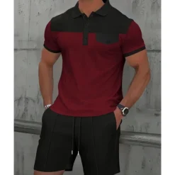 Online OUKU Men's T-shirt Suits 2 Pieces Outfits Tee & Shorts Short Sleeve Lapel Summer Color Block Fashion Casual Patchwork Pocket 2 Piece Vacation Daily Wear Going out Wine Dark Green khaki Top Tee for Men