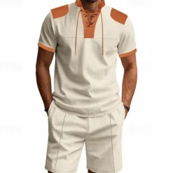 Sale OUKU Men's T-shirt Suits 2 Pieces Outfits Tee & Shorts Short Sleeve Standing Collar Summer Color Block Fashion Casual Lace up 2 Piece Vacation Daily Wear Going out Black White Royal Blue Top Tee for Men