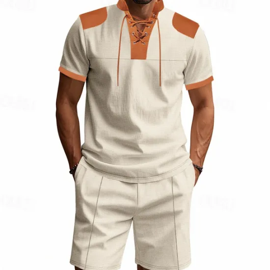 Sale OUKU Men's T-shirt Suits 2 Pieces Outfits Tee & Shorts Short Sleeve Standing Collar Summer Color Block Fashion Casual Lace up 2 Piece Vacation Daily Wear Going out Black White Royal Blue Top Tee for Men
