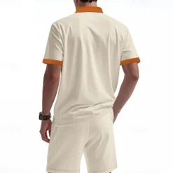 Sale OUKU Men's T-shirt Suits 2 Pieces Outfits Tee & Shorts Short Sleeve Standing Collar Summer Color Block Fashion Casual Lace up 2 Piece Vacation Daily Wear Going out Black White Royal Blue Top Tee for Men