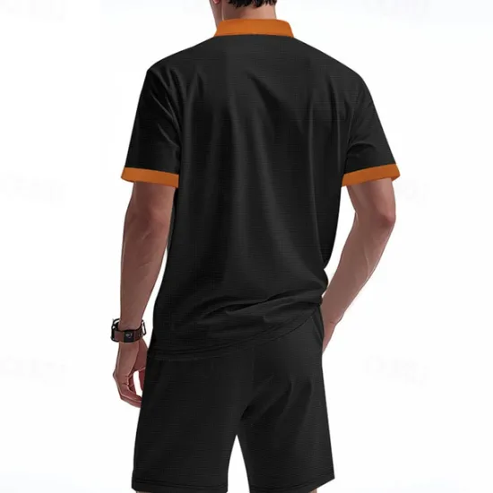 Sale OUKU Men's T-shirt Suits 2 Pieces Outfits Tee & Shorts Short Sleeve Standing Collar Summer Color Block Fashion Casual Lace up 2 Piece Vacation Daily Wear Going out Black White Royal Blue Top Tee for Men