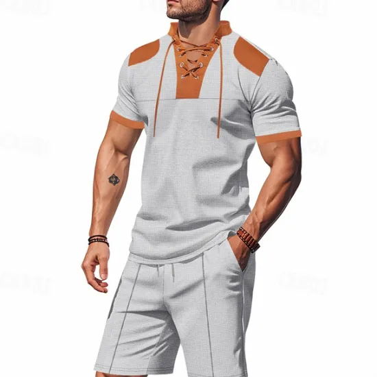 Sale OUKU Men's T-shirt Suits 2 Pieces Outfits Tee & Shorts Short Sleeve Standing Collar Summer Color Block Fashion Casual Lace up 2 Piece Vacation Daily Wear Going out Black White Royal Blue Top Tee for Men