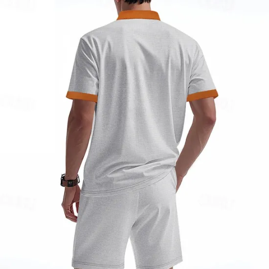 Sale OUKU Men's T-shirt Suits 2 Pieces Outfits Tee & Shorts Short Sleeve Standing Collar Summer Color Block Fashion Casual Lace up 2 Piece Vacation Daily Wear Going out Black White Royal Blue Top Tee for Men