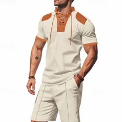 Sale OUKU Men's T-shirt Suits 2 Pieces Outfits Tee & Shorts Short Sleeve Standing Collar Summer Color Block Fashion Casual Lace up 2 Piece Vacation Daily Wear Going out Black White Royal Blue Top Tee for Men