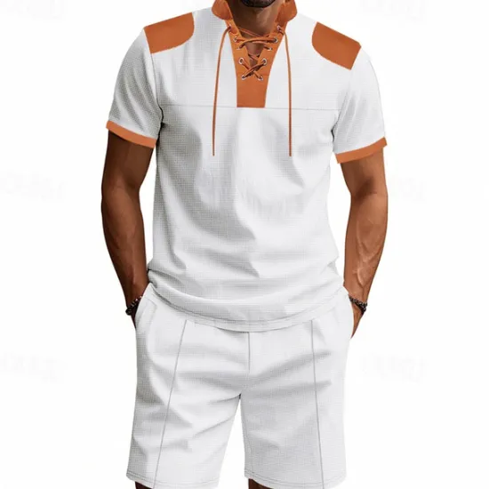 Sale OUKU Men's T-shirt Suits 2 Pieces Outfits Tee & Shorts Short Sleeve Standing Collar Summer Color Block Fashion Casual Lace up 2 Piece Vacation Daily Wear Going out Black White Royal Blue Top Tee for Men