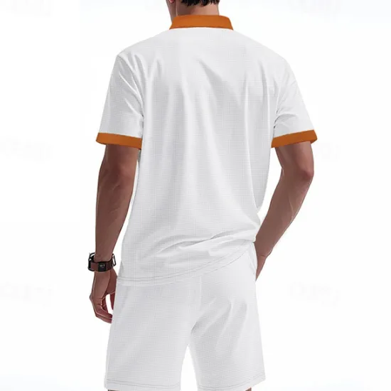 Sale OUKU Men's T-shirt Suits 2 Pieces Outfits Tee & Shorts Short Sleeve Standing Collar Summer Color Block Fashion Casual Lace up 2 Piece Vacation Daily Wear Going out Black White Royal Blue Top Tee for Men