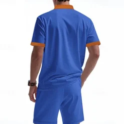 Sale OUKU Men's T-shirt Suits 2 Pieces Outfits Tee & Shorts Short Sleeve Standing Collar Summer Color Block Fashion Casual Lace up 2 Piece Vacation Daily Wear Going out Black White Royal Blue Top Tee for Men