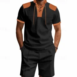 Sale OUKU Men's T-shirt Suits 2 Pieces Outfits Tee & Shorts Short Sleeve Standing Collar Summer Color Block Fashion Casual Lace up 2 Piece Vacation Daily Wear Going out Black White Royal Blue Top Tee for Men