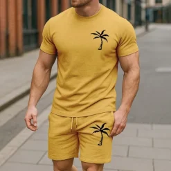 Online OUKU Men's T-shirt Suits 2 Pieces Outfits Tee & Shorts Short Sleeve Crew Neck Summer Coconut Tree Plain Fashion Casual 2 Piece Vacation Daily Wear Going out Black White Yellow Top Tee for Men