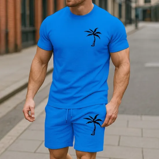 Online OUKU Men's T-shirt Suits 2 Pieces Outfits Tee & Shorts Short Sleeve Crew Neck Summer Coconut Tree Plain Fashion Casual 2 Piece Vacation Daily Wear Going out Black White Yellow Top Tee for Men