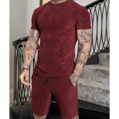 New OUKU Men's T-shirt Suits 2 Pieces Outfits Tee & Shorts Short Sleeve Crew Neck Summer Plain Fashion Casual 2 Piece Vacation Daily Wear Going out Wine Navy Blue Royal Blue Top Tee for Men