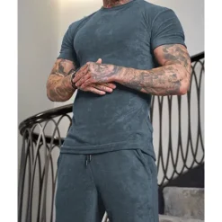 New OUKU Men's T-shirt Suits 2 Pieces Outfits Tee & Shorts Short Sleeve Crew Neck Summer Plain Fashion Casual 2 Piece Vacation Daily Wear Going out Wine Navy Blue Royal Blue Top Tee for Men
