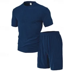 Best OUKU Men's T-shirt Suits 2 Pieces Outfits Tee & Shorts Short Sleeve Crew Neck Summer Plain Fashion Casual 2 Piece Vacation Daily Wear Going out Black Wine Dark Navy Top Tee for Men