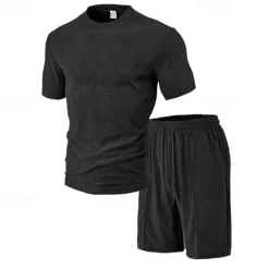 Best OUKU Men's T-shirt Suits 2 Pieces Outfits Tee & Shorts Short Sleeve Crew Neck Summer Plain Fashion Casual 2 Piece Vacation Daily Wear Going out Black Wine Dark Navy Top Tee for Men