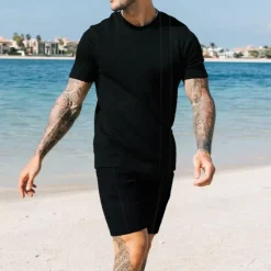 Online OUKU Men's T-shirt Suits 2 Pieces Outfits Tee & Shorts Short Sleeve Crew Neck Summer Plain Fashion Casual 2 Piece Vacation Daily Wear Going out Black White Royal Blue Top Tee for Men