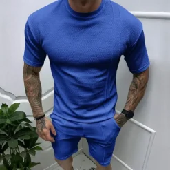 Online OUKU Men's T-shirt Suits 2 Pieces Outfits Tee & Shorts Short Sleeve Crew Neck Summer Plain Fashion Casual 2 Piece Vacation Daily Wear Going out Black White Royal Blue Top Tee for Men