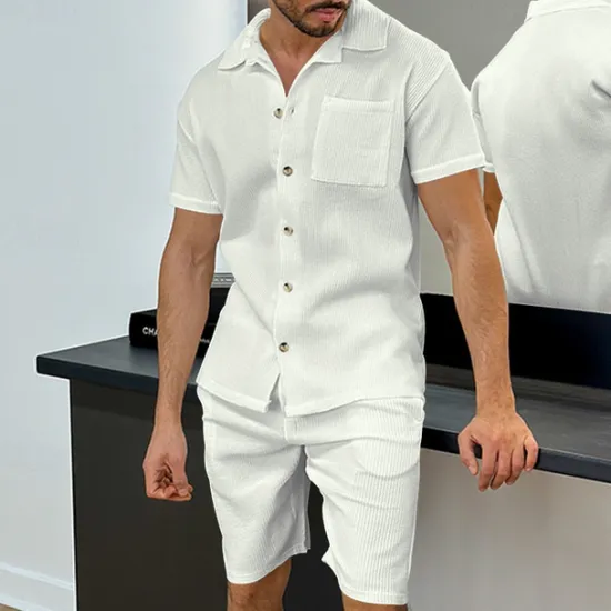 New OUKU Men's T-shirt Suits 2 Pieces Outfits Tee & Shorts Short Sleeve Turndown Summer Plain Fashion Casual 2 Piece Vacation Daily Wear Going out Black White Blue Top Tee for Men