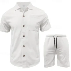 New OUKU Men's T-shirt Suits 2 Pieces Outfits Tee & Shorts Short Sleeve Turndown Summer Plain Fashion Casual 2 Piece Vacation Daily Wear Going out Black White Blue Top Tee for Men