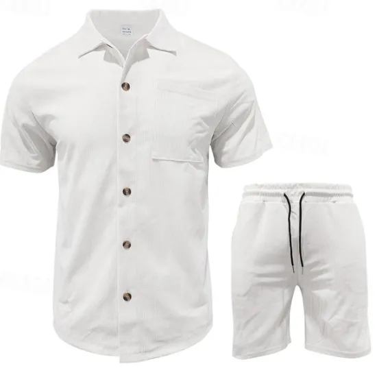 New OUKU Men's T-shirt Suits 2 Pieces Outfits Tee & Shorts Short Sleeve Turndown Summer Plain Fashion Casual 2 Piece Vacation Daily Wear Going out Black White Blue Top Tee for Men