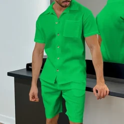 New OUKU Men's T-shirt Suits 2 Pieces Outfits Tee & Shorts Short Sleeve Turndown Summer Plain Fashion Casual 2 Piece Vacation Daily Wear Going out Black White Blue Top Tee for Men