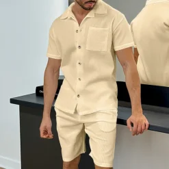 New OUKU Men's T-shirt Suits 2 Pieces Outfits Tee & Shorts Short Sleeve Turndown Summer Plain Fashion Casual 2 Piece Vacation Daily Wear Going out Black White Blue Top Tee for Men