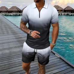 Online OUKU Men's T-shirt Suits 2 Pieces Outfits Tee & Shorts Short Sleeve Lapel Summer Color Block Fashion Casual 2 Piece Quarter Zip Vacation Daily Wear Going out Black Brown Top Tee for Men
