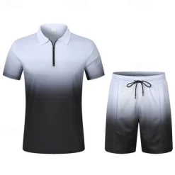 Online OUKU Men's T-shirt Suits 2 Pieces Outfits Tee & Shorts Short Sleeve Lapel Summer Color Block Fashion Casual 2 Piece Quarter Zip Vacation Daily Wear Going out Black Brown Top Tee for Men