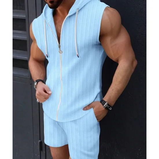 Online OUKU Men's T-shirt Suits 2 Pieces Outfits Tee & Shorts Sleeveless Hooded Summer Plain Fashion Casual 2 Piece Vacation Daily Wear Going out Black Pink White Top Tee for Men