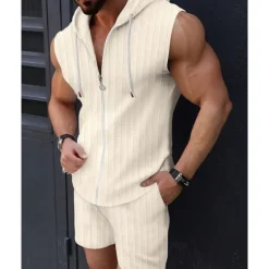 Online OUKU Men's T-shirt Suits 2 Pieces Outfits Tee & Shorts Sleeveless Hooded Summer Plain Fashion Casual 2 Piece Vacation Daily Wear Going out Black Pink White Top Tee for Men