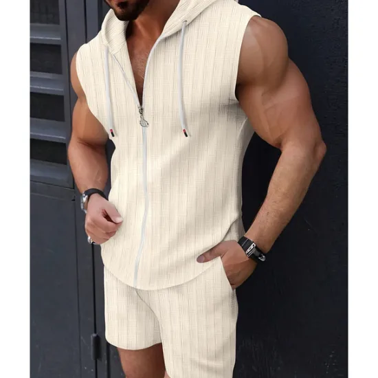 Online OUKU Men's T-shirt Suits 2 Pieces Outfits Tee & Shorts Sleeveless Hooded Summer Plain Fashion Casual 2 Piece Vacation Daily Wear Going out Black Pink White Top Tee for Men