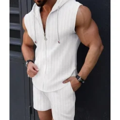 Online OUKU Men's T-shirt Suits 2 Pieces Outfits Tee & Shorts Sleeveless Hooded Summer Plain Fashion Casual 2 Piece Vacation Daily Wear Going out Black Pink White Top Tee for Men