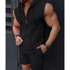 Online OUKU Men's T-shirt Suits 2 Pieces Outfits Tee & Shorts Sleeveless Hooded Summer Plain Fashion Casual 2 Piece Vacation Daily Wear Going out Black Pink White Top Tee for Men