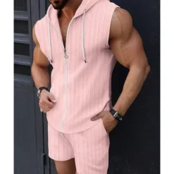 Online OUKU Men's T-shirt Suits 2 Pieces Outfits Tee & Shorts Sleeveless Hooded Summer Plain Fashion Casual 2 Piece Vacation Daily Wear Going out Black Pink White Top Tee for Men