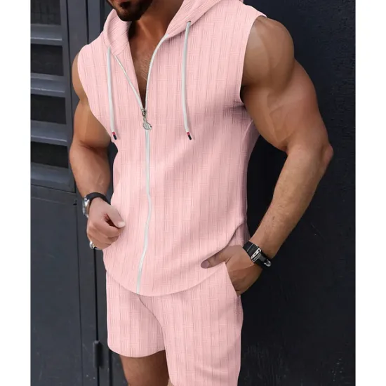 Online OUKU Men's T-shirt Suits 2 Pieces Outfits Tee & Shorts Sleeveless Hooded Summer Plain Fashion Casual 2 Piece Vacation Daily Wear Going out Black Pink White Top Tee for Men