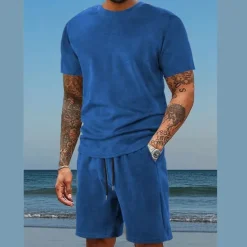 Clearance OUKU Men's T-shirt Suits 2 Pieces Outfits Tee & Shorts Short Sleeve Crewneck Summer Solid / Plain Color Fashion Casual 2 Piece Vacation Daily Wear Going out Dark Blue Wine Royal Blue Top Tee for Men