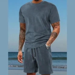 Clearance OUKU Men's T-shirt Suits 2 Pieces Outfits Tee & Shorts Short Sleeve Crewneck Summer Solid / Plain Color Fashion Casual 2 Piece Vacation Daily Wear Going out Dark Blue Wine Royal Blue Top Tee for Men