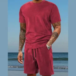 Clearance OUKU Men's T-shirt Suits 2 Pieces Outfits Tee & Shorts Short Sleeve Crewneck Summer Solid / Plain Color Fashion Casual 2 Piece Vacation Daily Wear Going out Dark Blue Wine Royal Blue Top Tee for Men