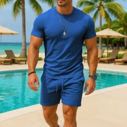 OUKU Men's T-shirt Suits 2 Pieces Outfits Tee & Shorts Short Sleeve Crew Neck Summer Plain Fashion Casual 2 Piece Vacation Daily Wear Going out Light Pink Black White Top Tee for Men
