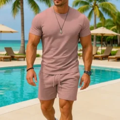 OUKU Men's T-shirt Suits 2 Pieces Outfits Tee & Shorts Short Sleeve Crew Neck Summer Plain Fashion Casual 2 Piece Vacation Daily Wear Going out Light Pink Black White Top Tee for Men