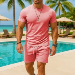 OUKU Men's T-shirt Suits 2 Pieces Outfits Tee & Shorts Short Sleeve Crew Neck Summer Plain Fashion Casual 2 Piece Vacation Daily Wear Going out Light Pink Black White Top Tee for Men