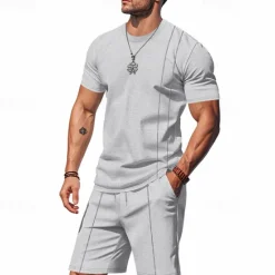 Outlet OUKU Men's T-shirt Suits 2 Pieces Outfits Tee & Shorts Short Sleeve Crew Neck Summer Plain Fashion Casual 2 Piece Vacation Daily Wear Going out Black White Royal Blue Top Tee for Men