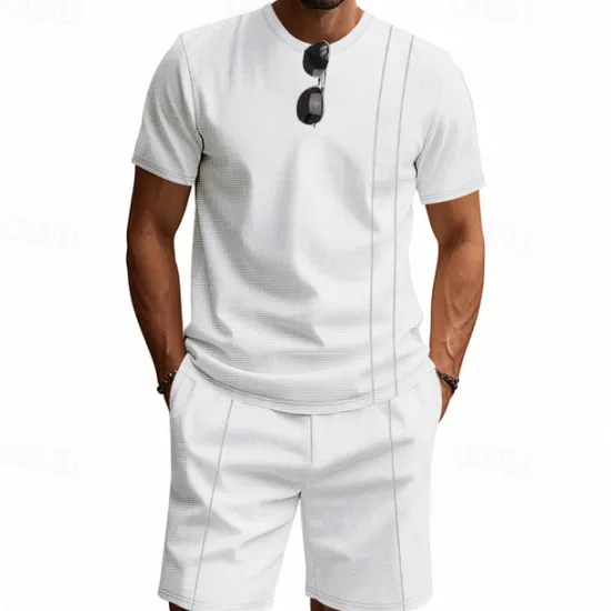Outlet OUKU Men's T-shirt Suits 2 Pieces Outfits Tee & Shorts Short Sleeve Crew Neck Summer Plain Fashion Casual 2 Piece Vacation Daily Wear Going out Black White Royal Blue Top Tee for Men