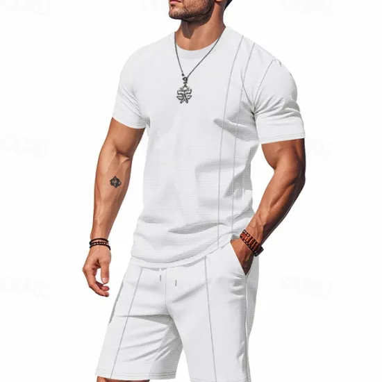 Outlet OUKU Men's T-shirt Suits 2 Pieces Outfits Tee & Shorts Short Sleeve Crew Neck Summer Plain Fashion Casual 2 Piece Vacation Daily Wear Going out Black White Royal Blue Top Tee for Men