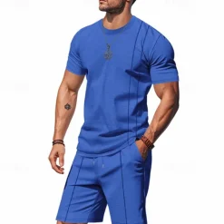 Outlet OUKU Men's T-shirt Suits 2 Pieces Outfits Tee & Shorts Short Sleeve Crew Neck Summer Plain Fashion Casual 2 Piece Vacation Daily Wear Going out Black White Royal Blue Top Tee for Men