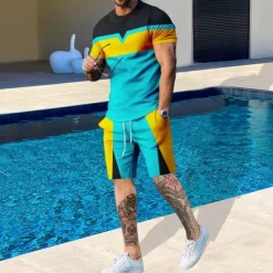 Online OUKU Men's T-shirt Suits 2 Pieces Outfits Tee & Shorts Short Sleeve Crewneck Summer Color Block Fashion Casual 2 Piece Vacation Daily Wear Going out Black Blue Yellow Top Tee for Men