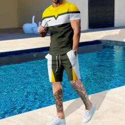 Online OUKU Men's T-shirt Suits 2 Pieces Outfits Tee & Shorts Short Sleeve Crewneck Summer Color Block Fashion Casual 2 Piece Vacation Daily Wear Going out Black Blue Yellow Top Tee for Men